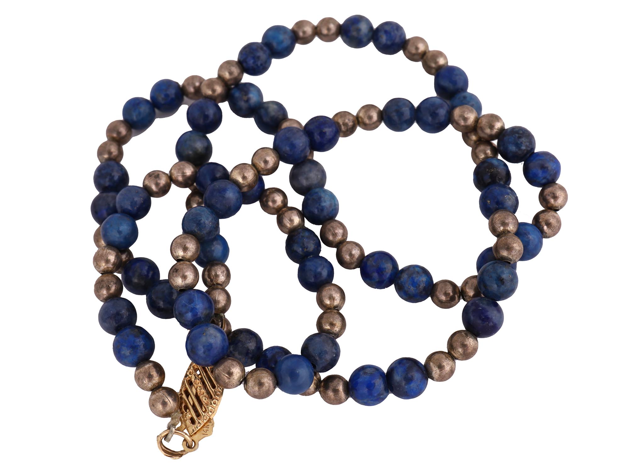 14K GOLD, SILVER AND LAPIS LAZULI BEADED NECKLACE PIC-1